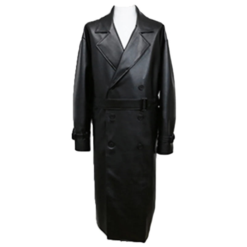 Mauroicardi 2022 Faux Leather Trench Coat - Men's Long Black Oversized with Drop Shoulder & Belt