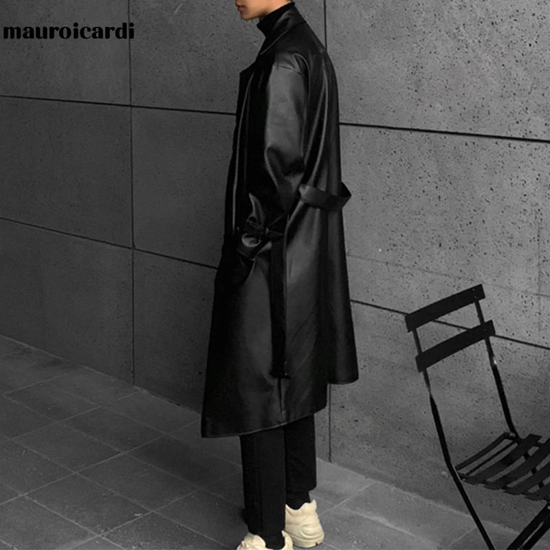 Mauroicardi 2022 Faux Leather Trench Coat - Men's Long Black Oversized with Drop Shoulder & Belt