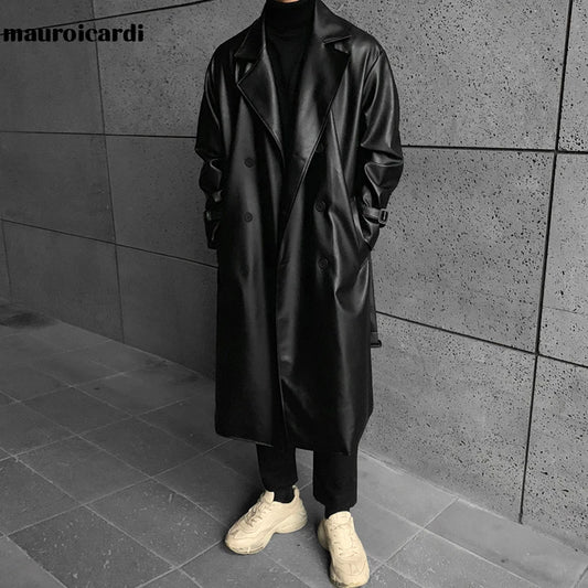 Mauroicardi 2022 Faux Leather Trench Coat - Men's Long Black Oversized with Drop Shoulder & Belt