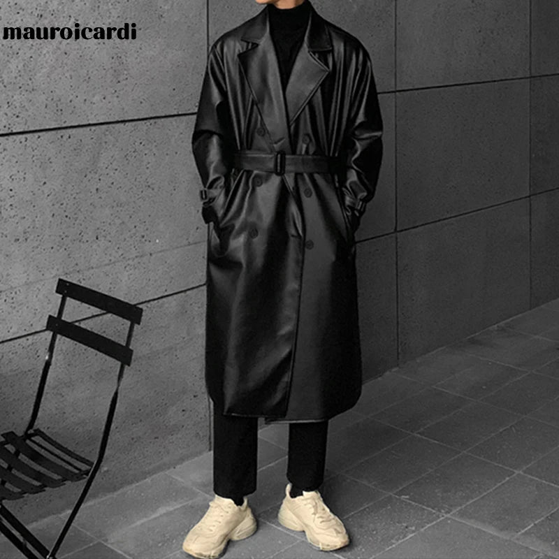 Mauroicardi 2022 Faux Leather Trench Coat - Men's Long Black Oversized with Drop Shoulder & Belt