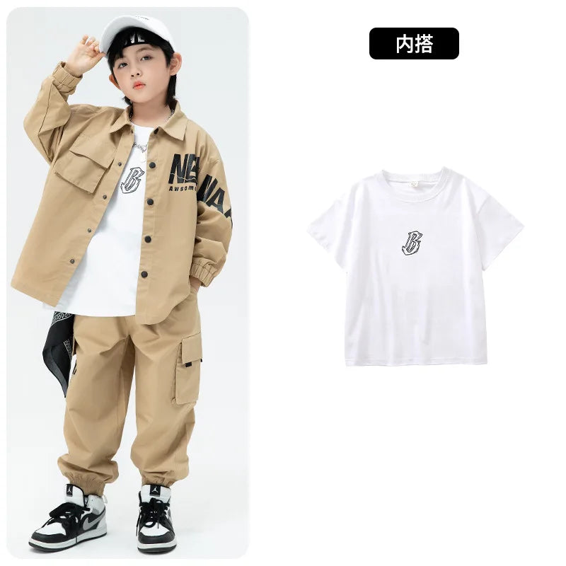 Kpop Hip Hop Kids Set - Khaki Jacket & Cargo Joggers, Casual Streetwear for Dance