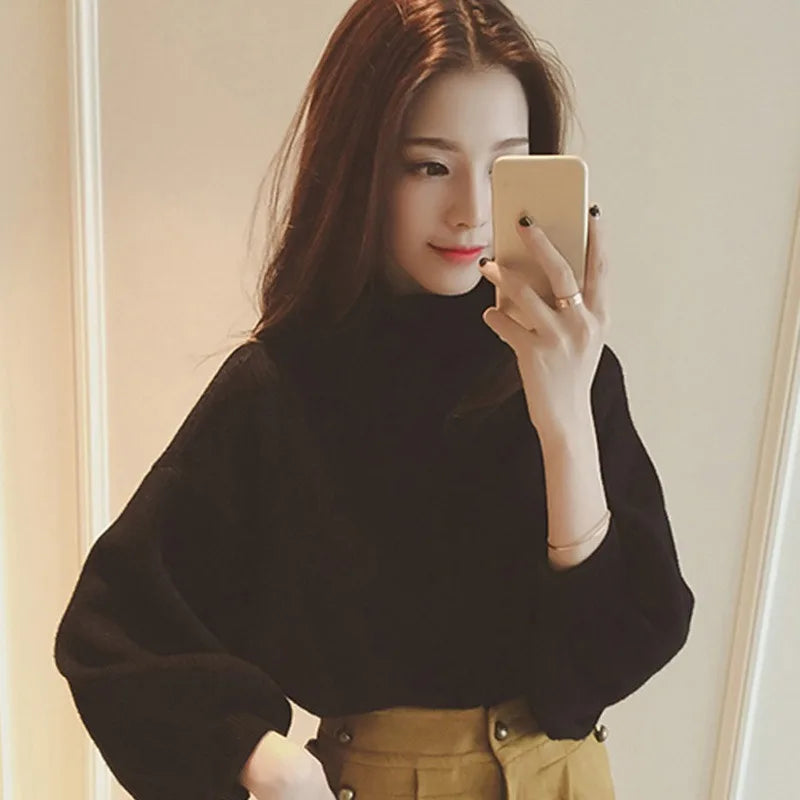 Women's Sweater Casual Long Lantern Sleeve Winter Loose Knitted Mock Neck Jumper Pullover Tops