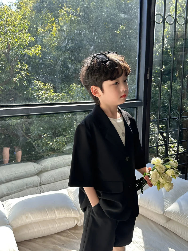 Boys' Summer Blazer Set - High Quality Korean Black Thin Casual Suit with Shorts