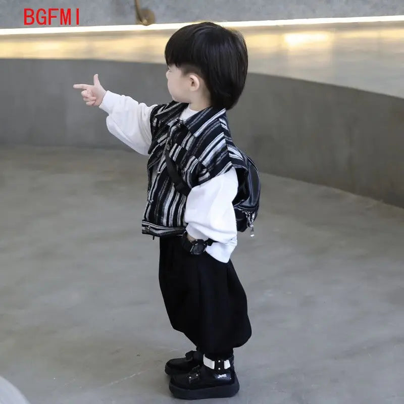 Korean Kids Striped Vest & Sweater Set - All-match Spring/Autumn Outfit for Boys 1-9Y