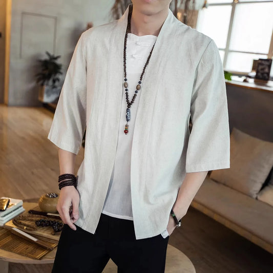 Japanese Linen Kimono Cardigan - Casual Cotton Yukata with 3/4 Sleeve