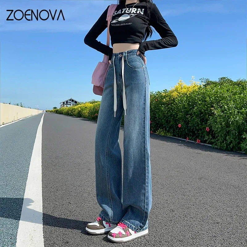 ZOENOVA Spring Autumn New Women's Wide Leg Pants Ladis Casual Jeans Fashion Lace Up High Waist Vintage Loose Straight Trousers