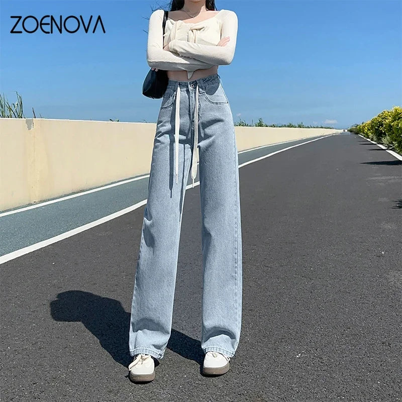 ZOENOVA Spring Autumn New Women's Wide Leg Pants Ladis Casual Jeans Fashion Lace Up High Waist Vintage Loose Straight Trousers