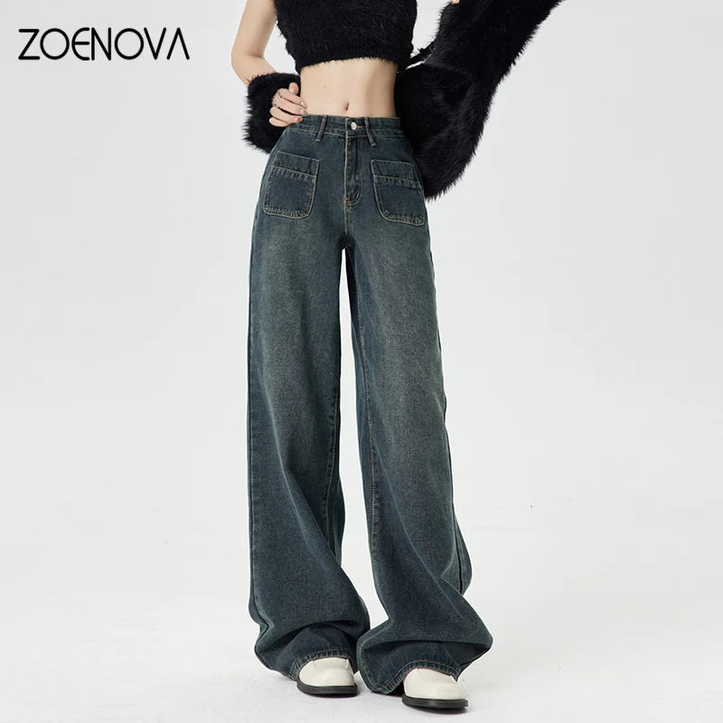 ZOENOVA Spring New Harajuku Streets Vintage Women's Jeans Fashion Girl Y2K Wide Leg Pants Casual Retro Loose Straight Trousers