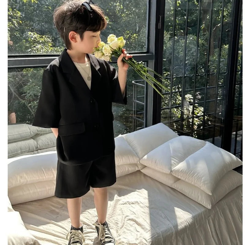 Boys' Summer Blazer Set - High Quality Korean Black Thin Casual Suit with Shorts