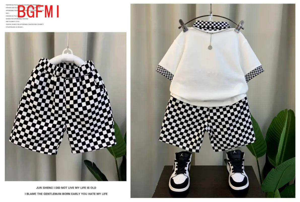 Korean Teenage Boy Summer Plaid Kids Suit Baby Children New Polo Set Thin Short Sleeves Patchwork Shirt +Shorts 2 Pc Casual Suit