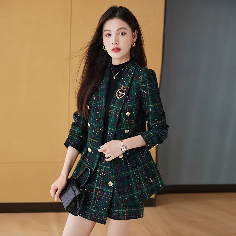 Women's Autumn Blazer And Skirt Chic Plaid Short Skirt Sets Sweet Style Suit Jacket For Dating Party Wear Korean Popular Outfits