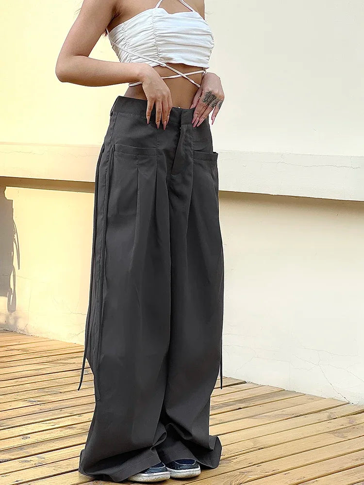 Shirring Casual Wide Leg Pants Women High Waist Street Basic Loose Sweat Trousers Korean Retro Gray Office Y2K Lady Pants