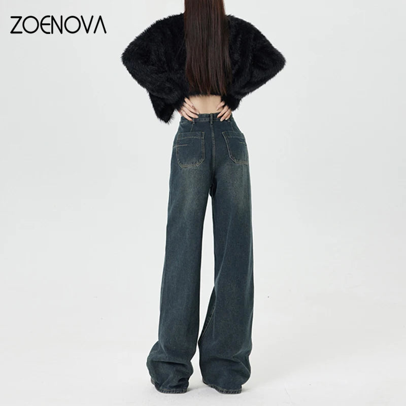 ZOENOVA Spring New Harajuku Streets Vintage Women's Jeans Fashion Girl Y2K Wide Leg Pants Casual Retro Loose Straight Trousers