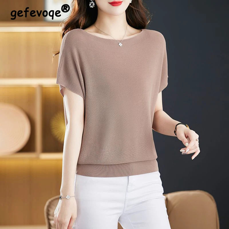 Korean Ice Silk Knitted T-Shirt - Women's Summer Fashion, Short Sleeve Loose Pullover