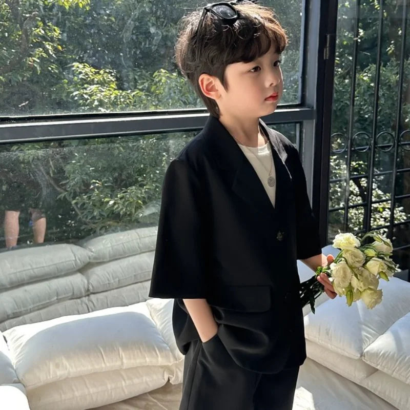 Boys' Summer Blazer Set - High Quality Korean Black Thin Casual Suit with Shorts