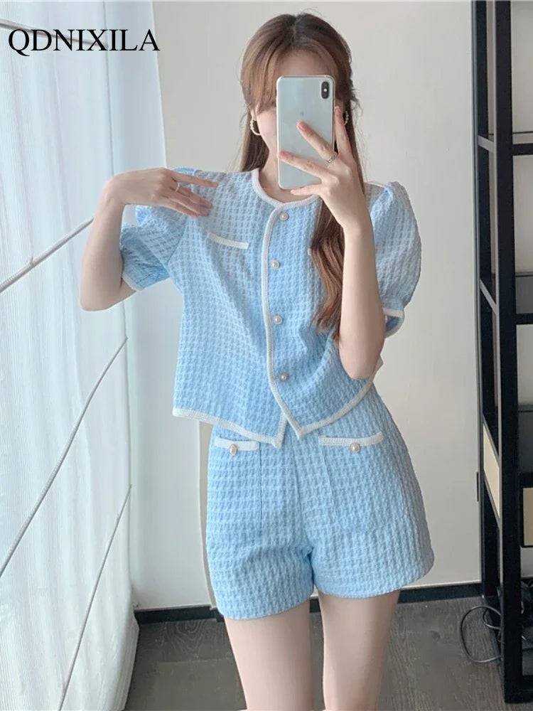 2024 Summer Women's Short Sets Korean Style Fashion Short Sleeve Top and Shorts 2 Piece Set Outfit Suit with Shorts for Women