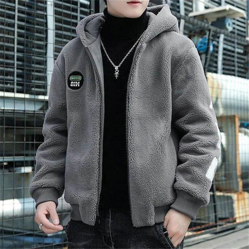 Korean Lamb Wool Coat - Men's Casual Cotton-Padded Jacket with Zipper & Pockets for Autumn/Winter