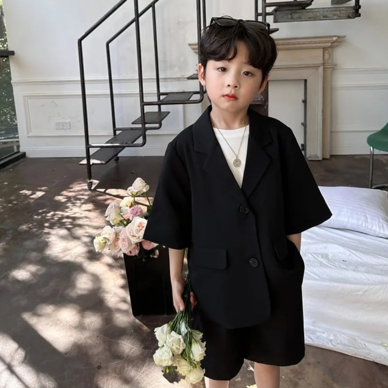 Boys' Summer Blazer Set - High Quality Korean Black Thin Casual Suit with Shorts