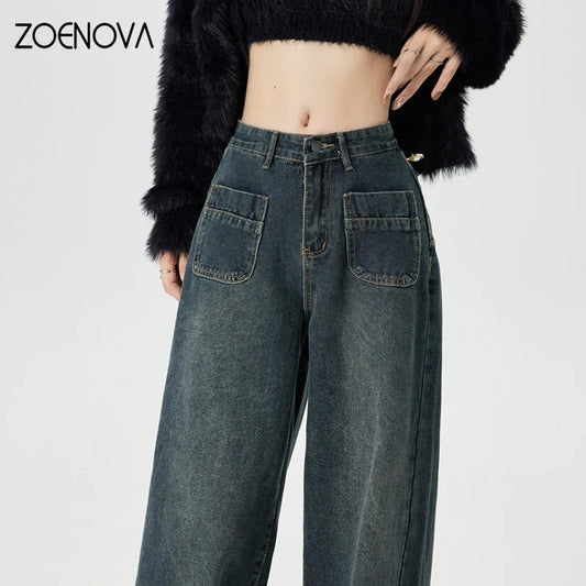 ZOENOVA Spring New Harajuku Streets Vintage Women's Jeans Fashion Girl Y2K Wide Leg Pants Casual Retro Loose Straight Trousers