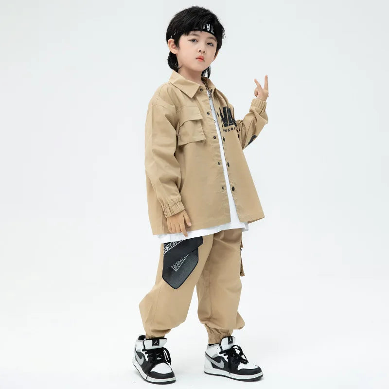 Kpop Hip Hop Kids Set - Khaki Jacket & Cargo Joggers, Casual Streetwear for Dance