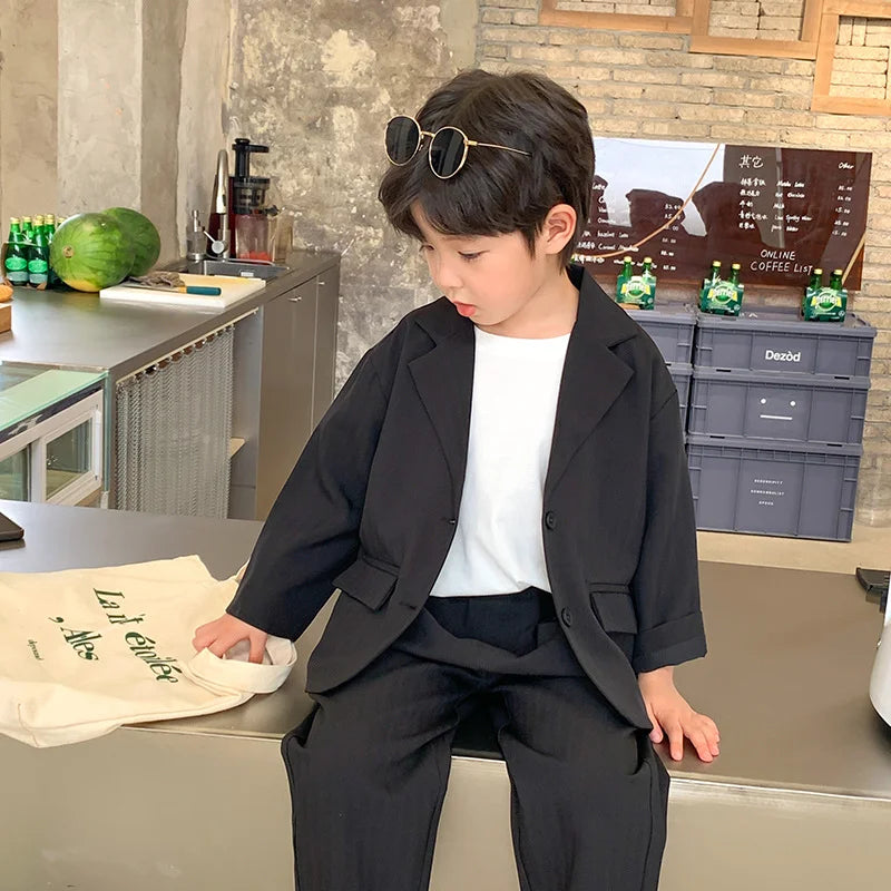 2024 Boys' Fashion Suit - Cool Black Long Sleeve Coat & Pants Set for Spring/Autumn