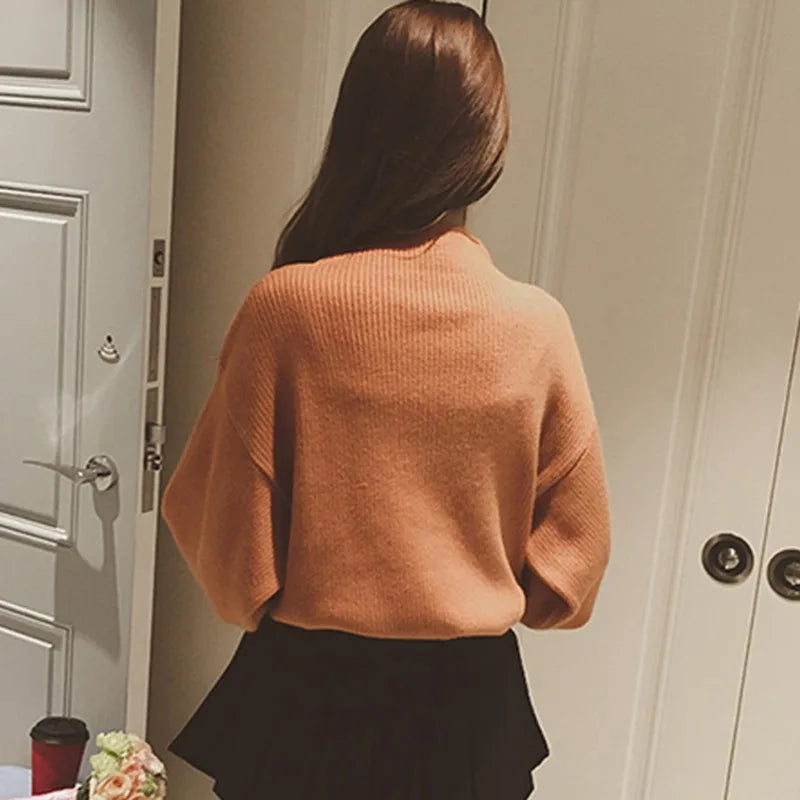 Women's Sweater Casual Long Lantern Sleeve Winter Loose Knitted Mock Neck Jumper Pullover Tops