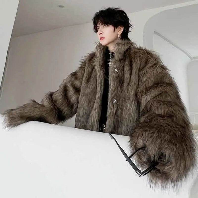 SYUHGFA 2024 Men's Faux Fur Woolen Cardigan - Fashion Korean Style Loose Coat for Autumn/Winter