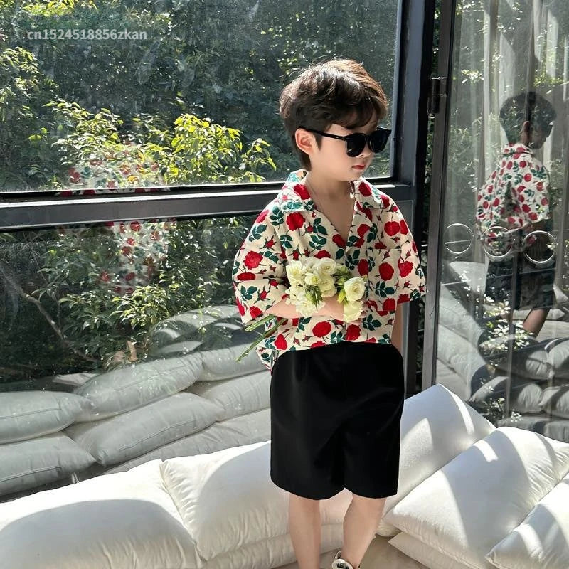 Kids Boys Clothes Floral Pattern Boy Cotton Blouse Shirt + Short 2pcs Outfits Boy Summer Party Birthday Handsome Clothing