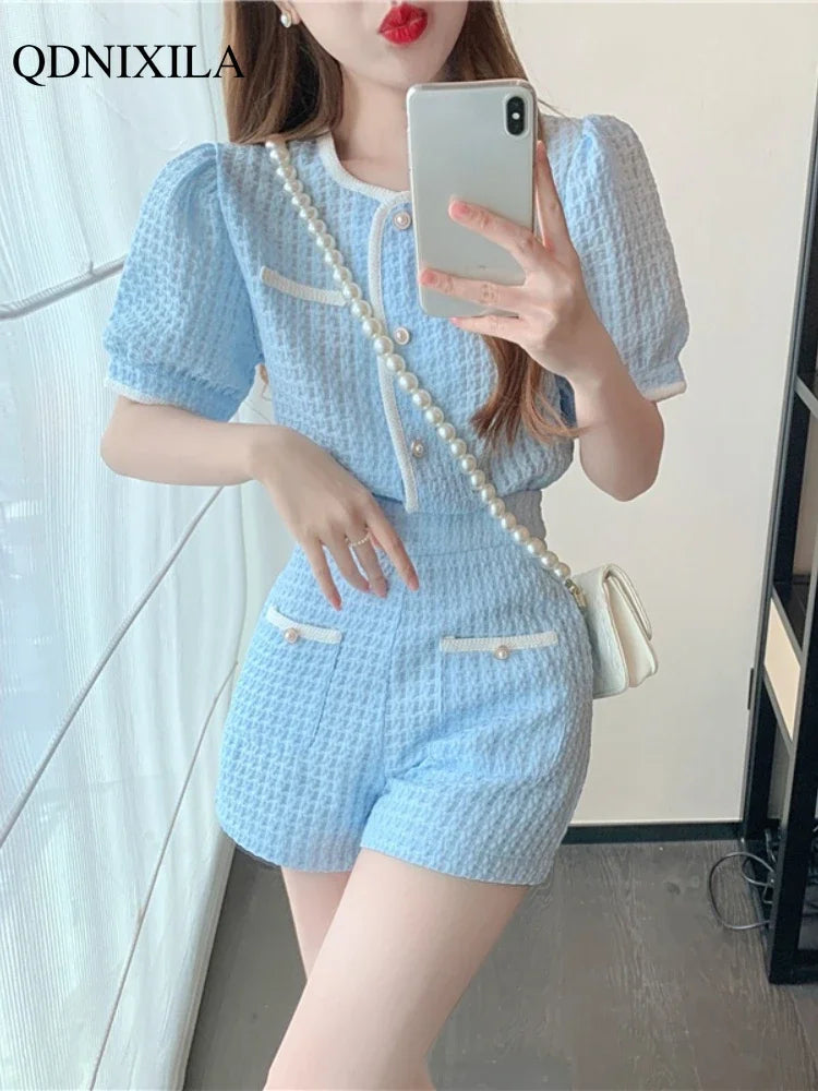 2024 Summer Women's Short Sets Korean Style Fashion Short Sleeve Top and Shorts 2 Piece Set Outfit Suit with Shorts for Women