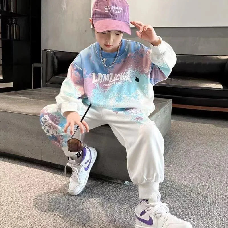 Boys Tie-Dye Sweatshirt Set - Fashion Letter Print Top & Pants for 3-15Y Spring/Autumn