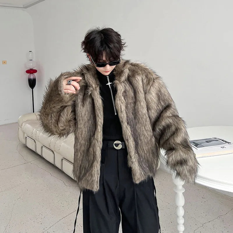 SYUHGFA 2024 Men's Faux Fur Woolen Cardigan - Fashion Korean Style Loose Coat for Autumn/Winter