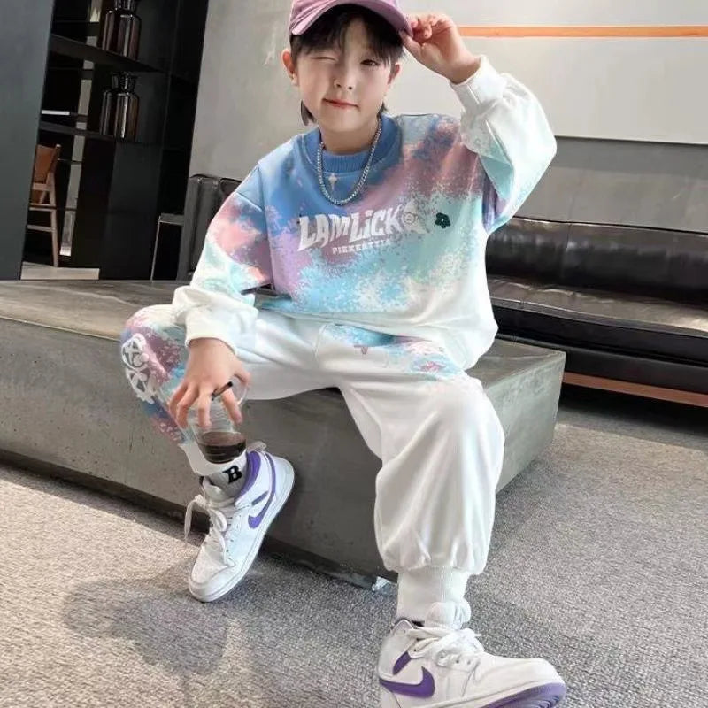 Boys Tie-Dye Sweatshirt Set - Fashion Letter Print Top & Pants for 3-15Y Spring/Autumn