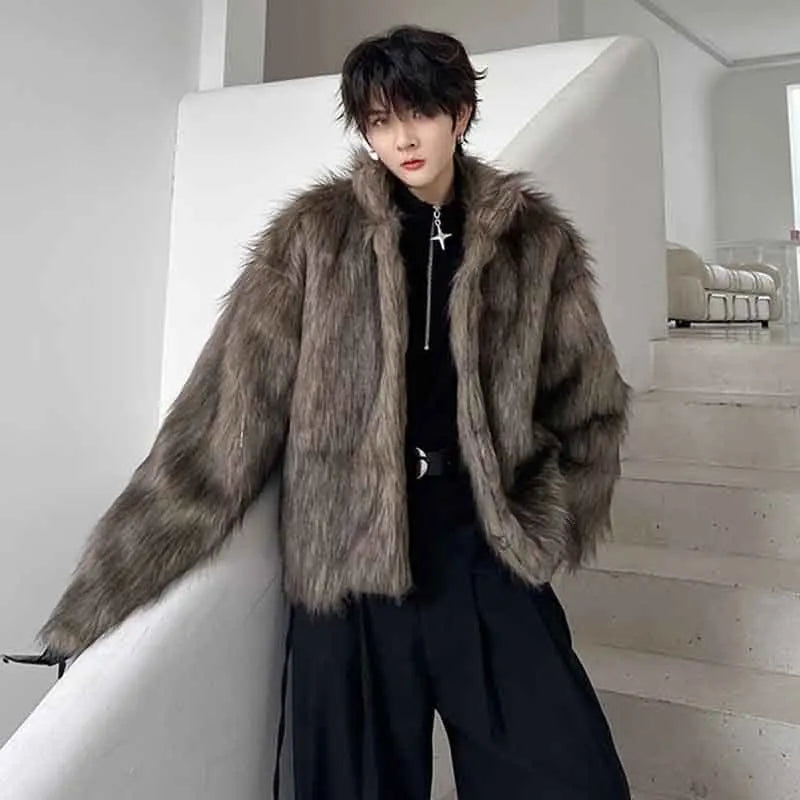 SYUHGFA 2024 Men's Faux Fur Woolen Cardigan - Fashion Korean Style Loose Coat for Autumn/Winter