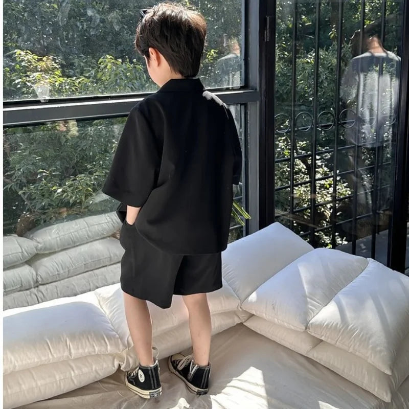 Boys' Summer Blazer Set - High Quality Korean Black Thin Casual Suit with Shorts