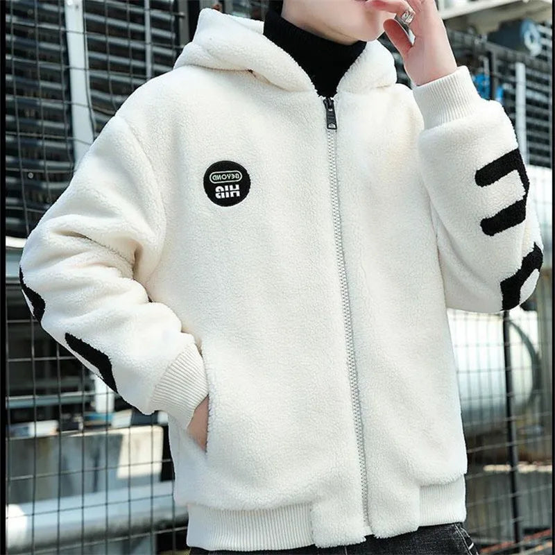 Korean Lamb Wool Coat - Men's Casual Cotton-Padded Jacket with Zipper & Pockets for Autumn/Winter