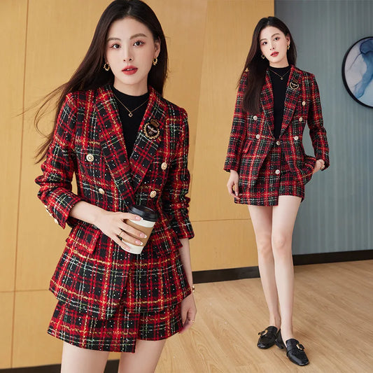 Women's Autumn Blazer And Skirt Chic Plaid Short Skirt Sets Sweet Style Suit Jacket For Dating Party Wear Korean Popular Outfits