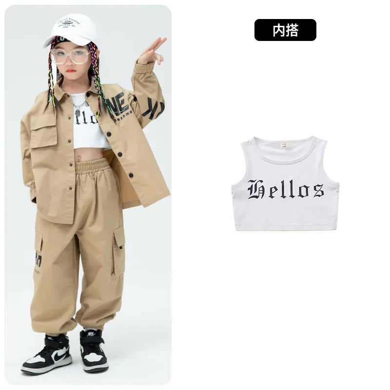 Kpop Hip Hop Kids Set - Khaki Jacket & Cargo Joggers, Casual Streetwear for Dance