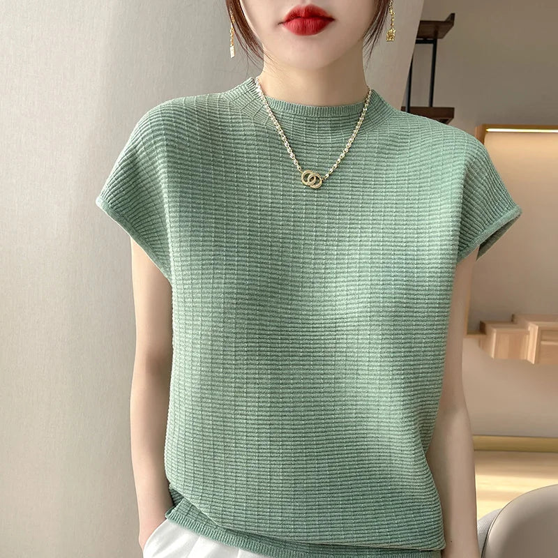 Summer Women's Oversized Tee - Solid Color, Soft Mock Neck T-Shirt with Short Sleeves