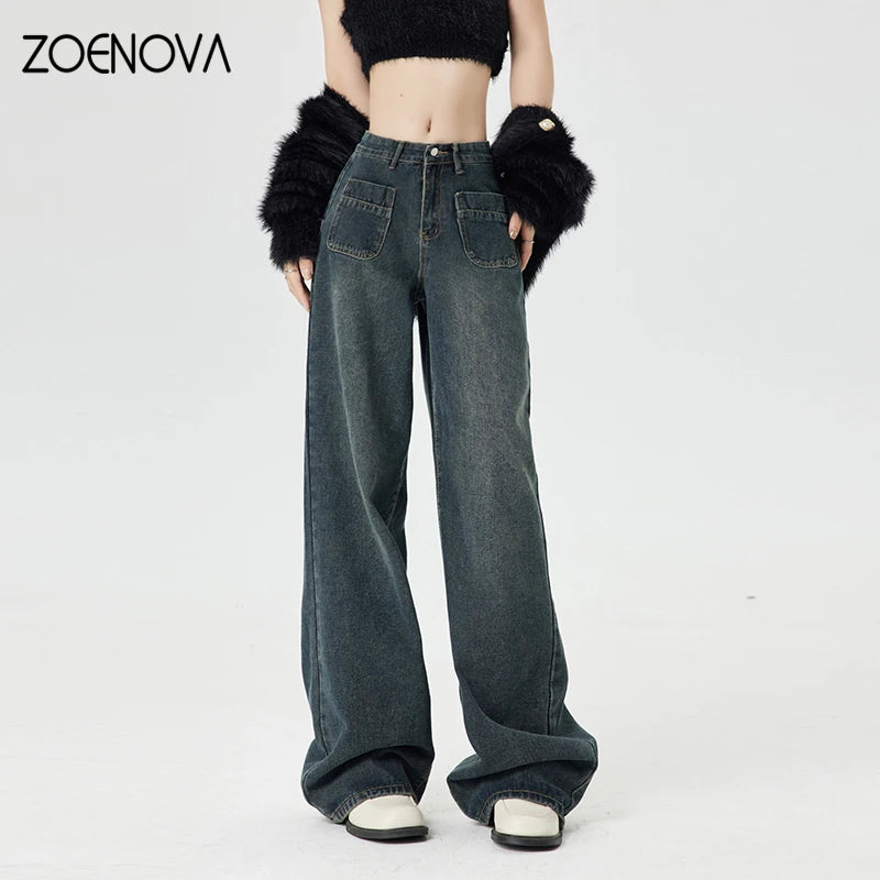 ZOENOVA Spring New Harajuku Streets Vintage Women's Jeans Fashion Girl Y2K Wide Leg Pants Casual Retro Loose Straight Trousers