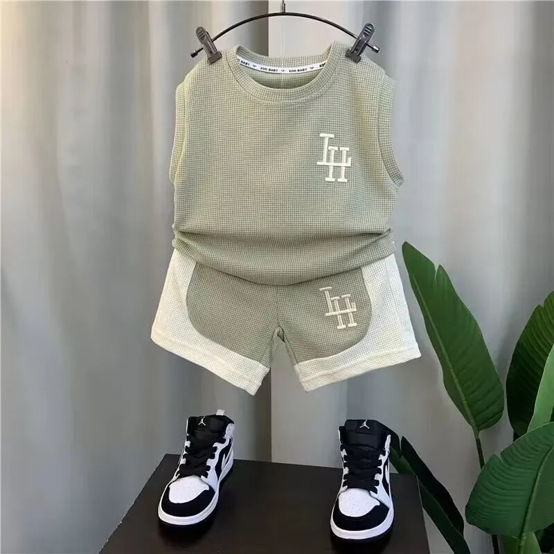 Children's Summer Boys' Tank Top Set 2024 New Baby Sleeveless Clothes Children's Cool and Handsome Two Piece Set