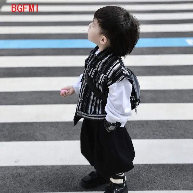 Korean Kids Striped Vest & Sweater Set - All-match Spring/Autumn Outfit for Boys 1-9Y