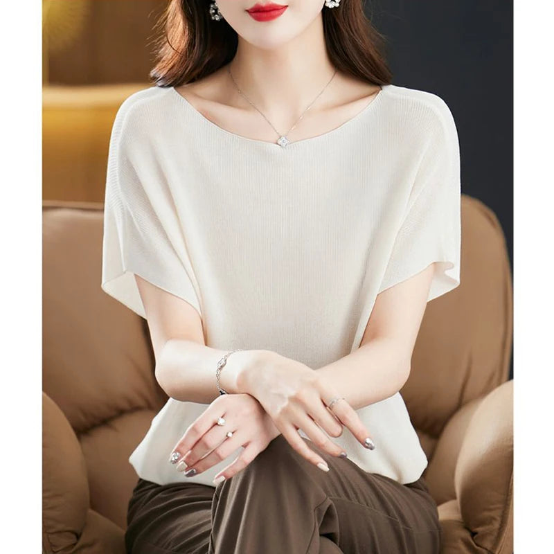 Korean Ice Silk Knitted T-Shirt - Women's Summer Fashion, Short Sleeve Loose Pullover