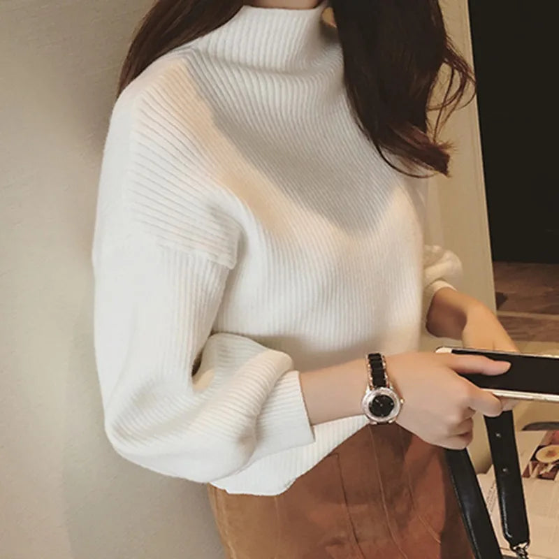 Women's Sweater Casual Long Lantern Sleeve Winter Loose Knitted Mock Neck Jumper Pullover Tops