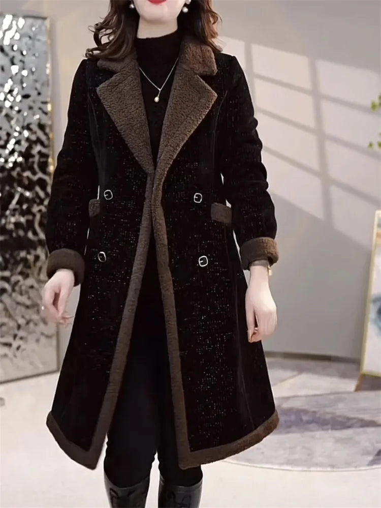 2024 Velvet Padded Woolen Coat - Women's Slim Double-Breasted Lamb Plush Jacket for Autumn/Winter