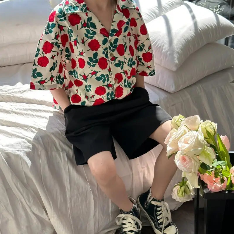 Kids Boys Clothes Floral Pattern Boy Cotton Blouse Shirt + Short 2pcs Outfits Boy Summer Party Birthday Handsome Clothing