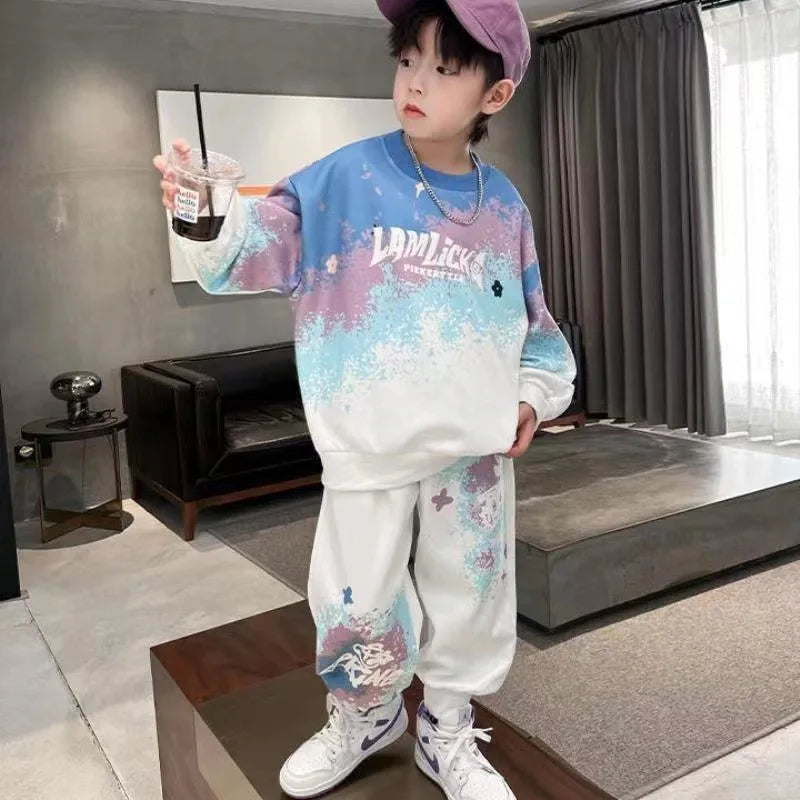 Boys Tie-Dye Sweatshirt Set - Fashion Letter Print Top & Pants for 3-15Y Spring/Autumn