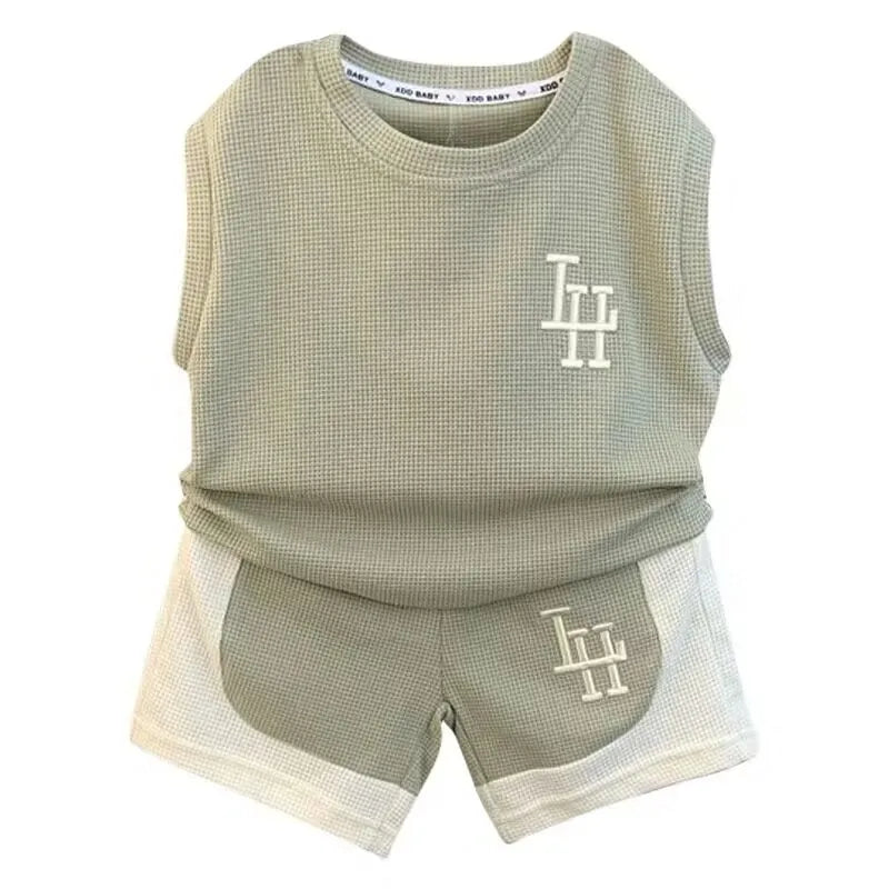 Children's Summer Boys' Tank Top Set 2024 New Baby Sleeveless Clothes Children's Cool and Handsome Two Piece Set