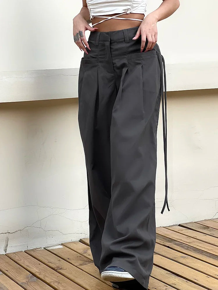 Shirring Casual Wide Leg Pants Women High Waist Street Basic Loose Sweat Trousers Korean Retro Gray Office Y2K Lady Pants