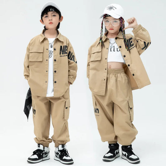 Kpop Hip Hop Kids Set - Khaki Jacket & Cargo Joggers, Casual Streetwear for Dance