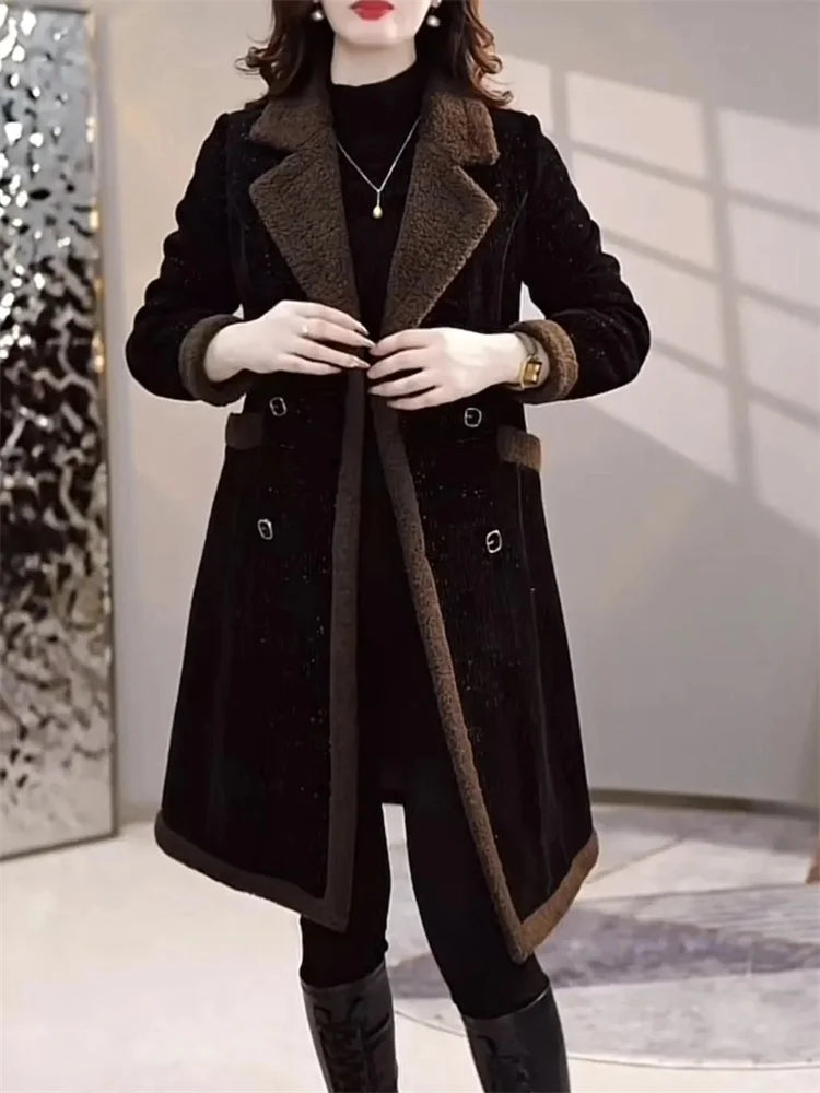 2024 Velvet Padded Woolen Coat - Women's Slim Double-Breasted Lamb Plush Jacket for Autumn/Winter